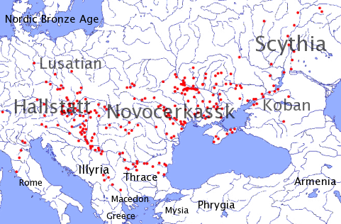 Distribuirea traco-cimeriană conform arheologiei sovietice. Sursa Wikipedia.