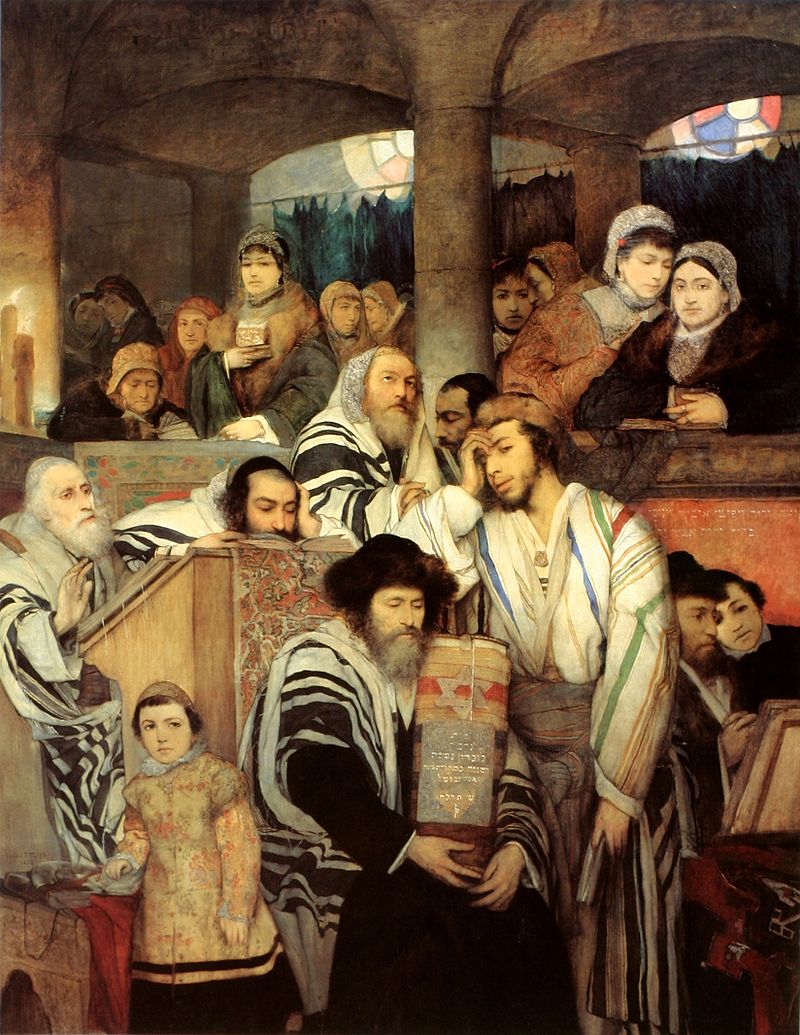 Evrei rugându-se la sinagogă pentru Iom Kipur. Pictură de Maurycy Gottlieb, Muzeul de Artă din Tel Aviv. Sursă Wikipedia.